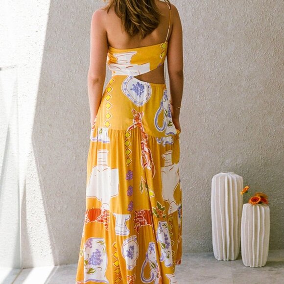 🦀 SABO Aliza Assymmetrical Cut-Out Fit and Flare Maxi Dress Ciao Yellow Print S - Picture 4 of 16
